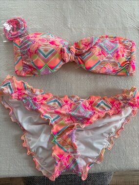 Victoria's Secret Neon Pink Coral Multicolor Bandeau Bikini. M-top, S-bottom